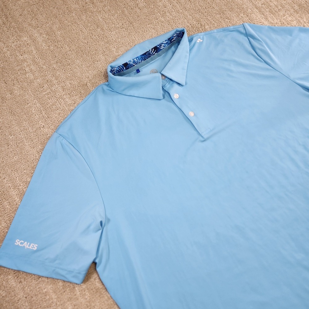 SCALES Men's Sky Blue Polo with Tropical Patterned Inner Collar